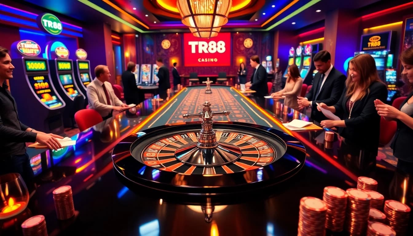 Players engaging in thrilling games at TR88 casino, showcasing roulette and poker excitement.