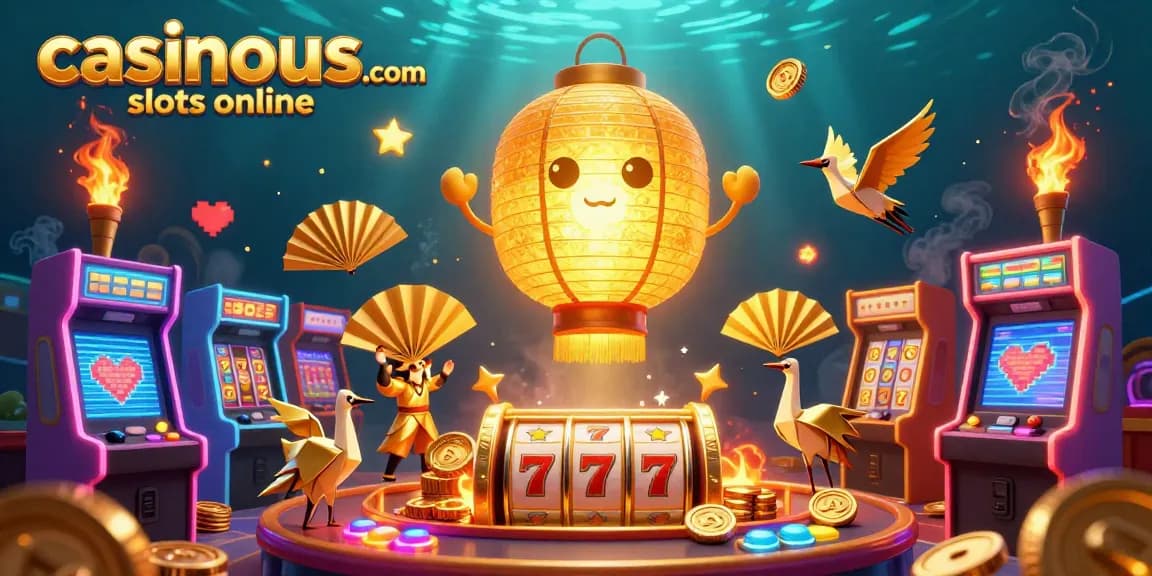 Play exciting slots at casinous.com slots online, featuring colorful arcade machines and golden game elements.