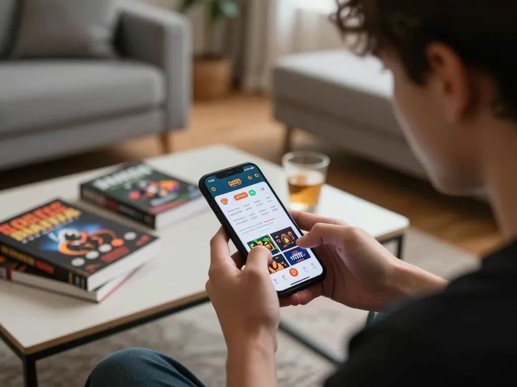 Engaging user experiences with the god55 casino app on a smartphone, showcasing strategic gameplay in a lively home environment.