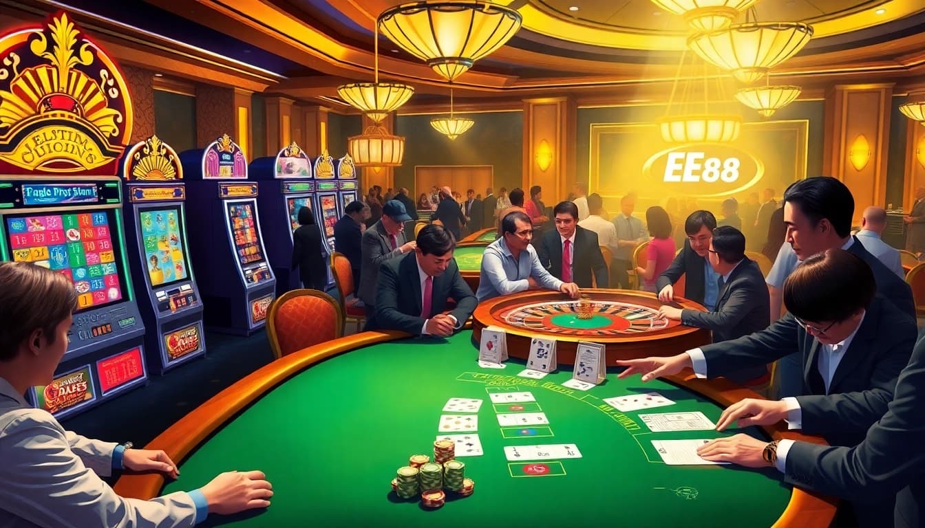 Exciting gaming experience at EE 88 casino with players at tables and vibrant slot machines.