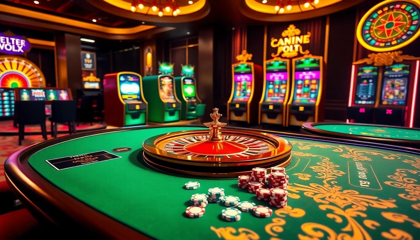 Experience excitement at kkwin's glamorous casino tables with vibrant slot machines and poker chips.