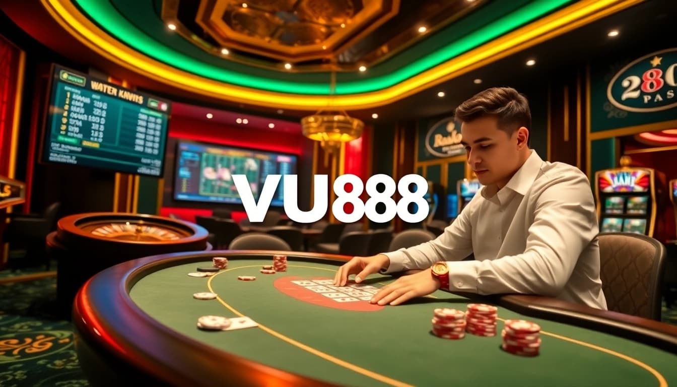 Experience excitement at VU88 with a professional poker game surrounded by luxury casino elements.