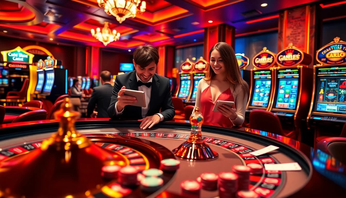 Engage in Đăng Ký Nhà Cái 68VIP with excitement at a luxurious casino filled with vibrant slot machines and gaming tables.