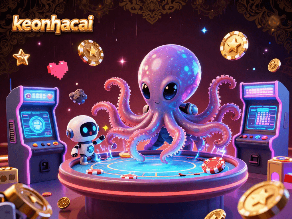 Experience the thrill of keonhacai with an alien octopus gaming at a holographic poker table surrounded by vibrant arcade elements.