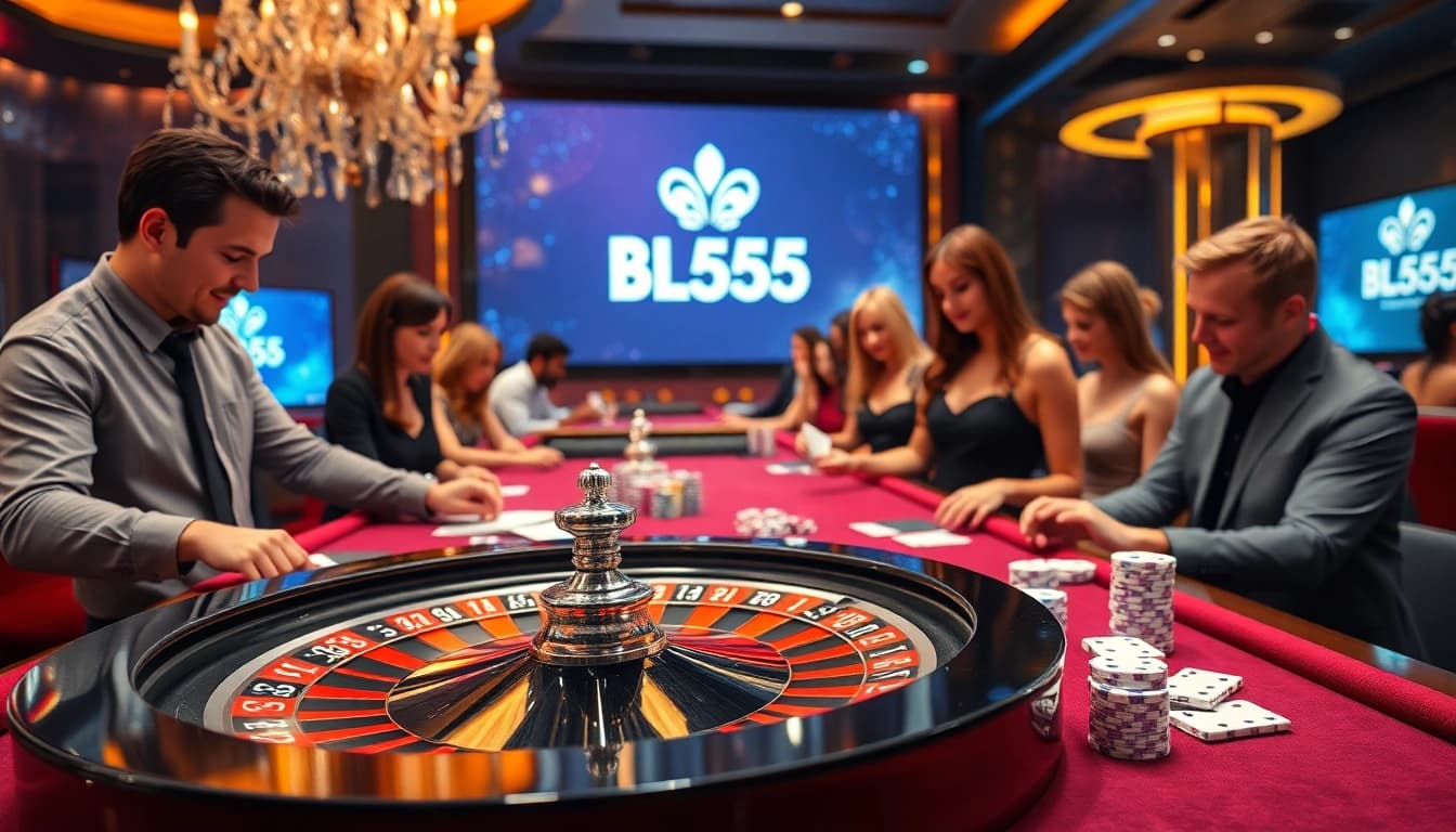 Engage in thrilling games at Bl555 casino with vibrant roulette wheel and professional atmosphere.