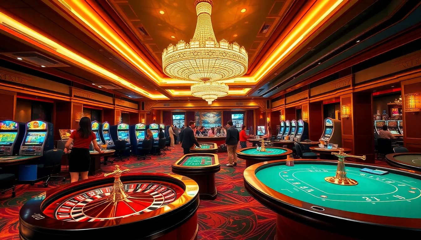KK55 players enjoying high-stakes poker and vibrant slot machines in a luxurious casino environment.