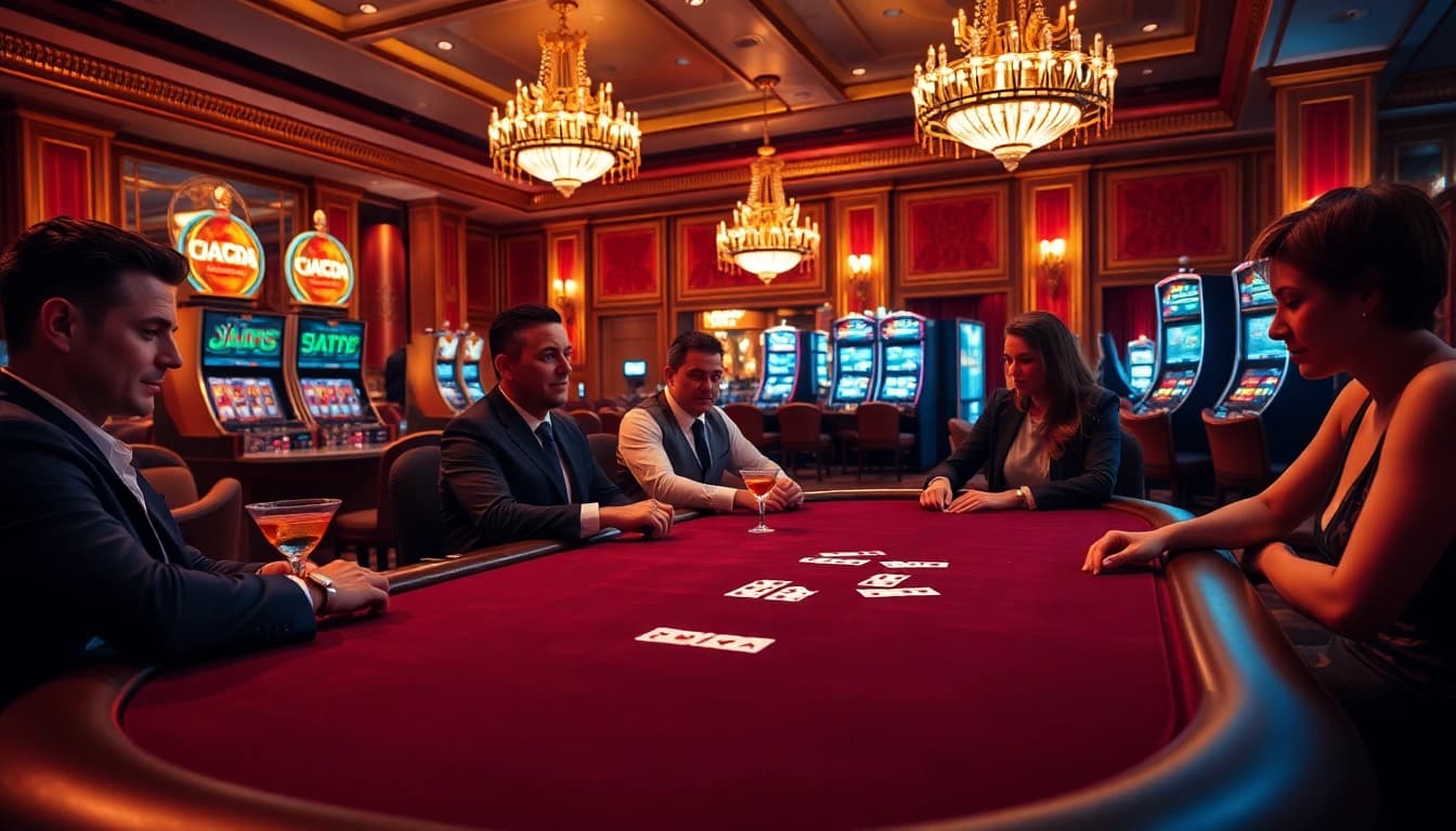 Players enjoying a high-stakes game at Daga's luxurious casino, surrounded by excitement and elegance.