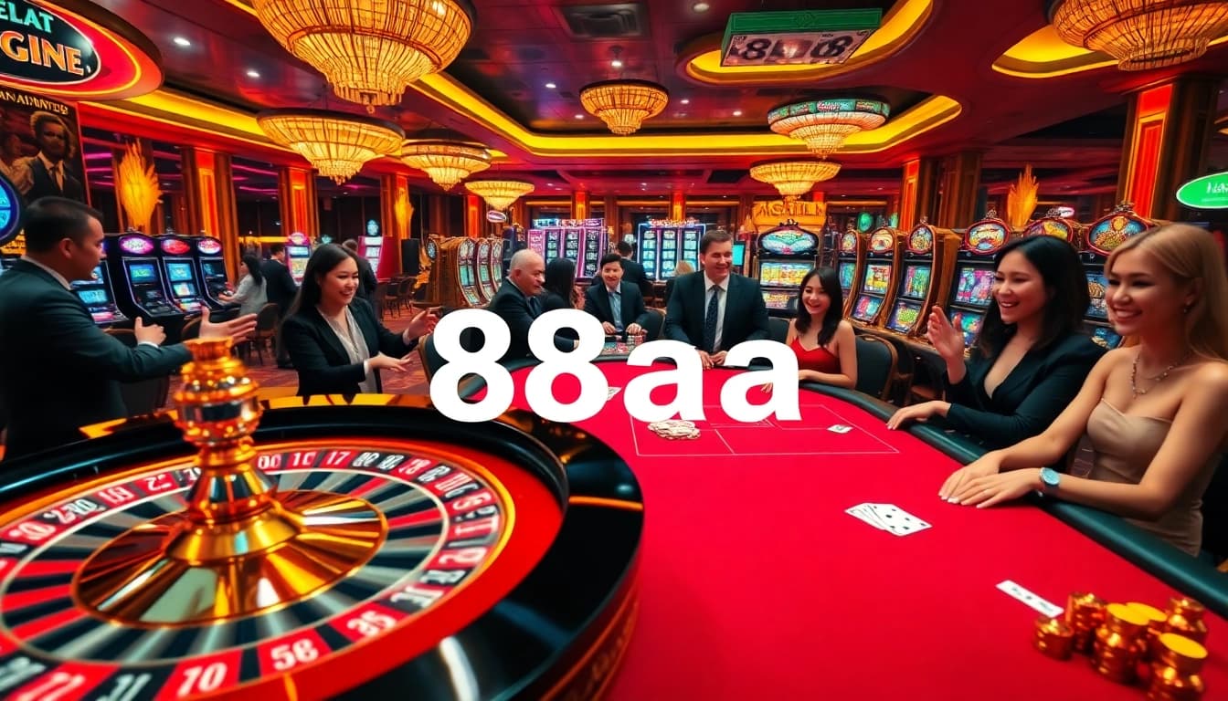 Experience the thrill of 88aa at a vibrant casino showcasing roulette, poker, and slot machines.