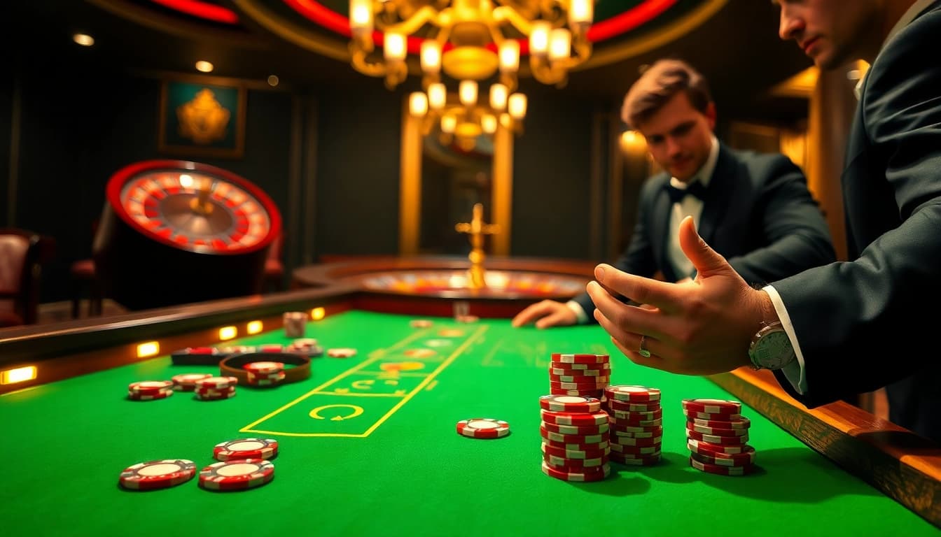 Play baccarat at XX88's luxurious casino table with vibrant chips and roulette.