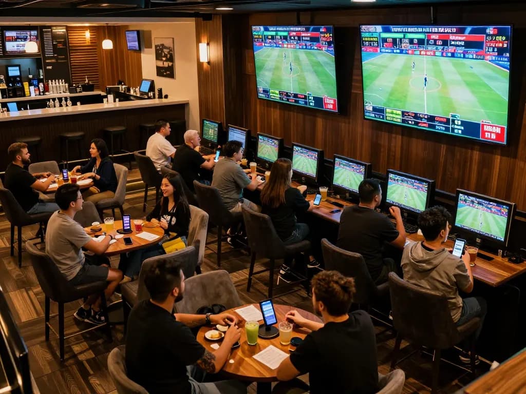 Betting excitement at TG88 with patrons engaged in sports wagering and lively atmosphere.