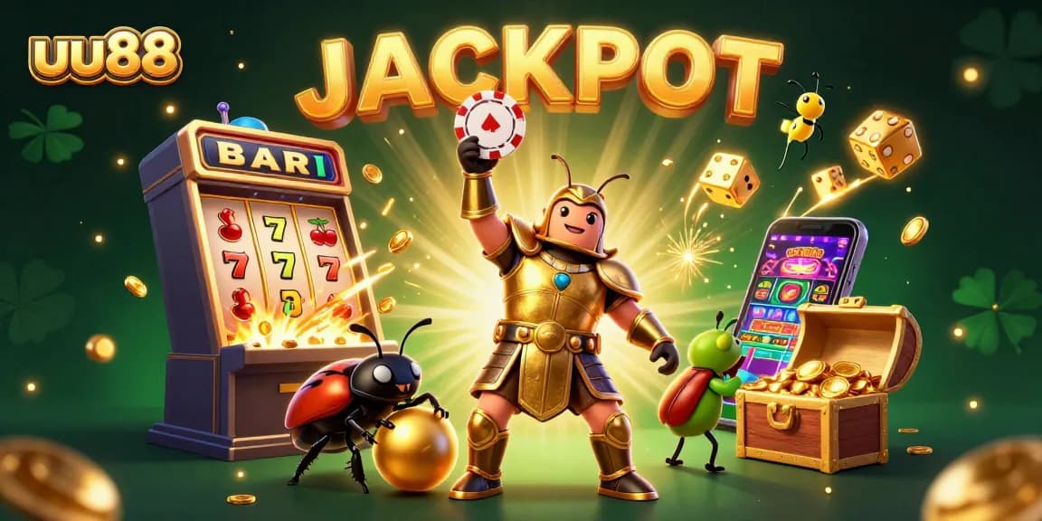 Experience the thrill of uu88 with a victorious hercules beetle in a cosmic casino scene filled with jackpots and excitement.