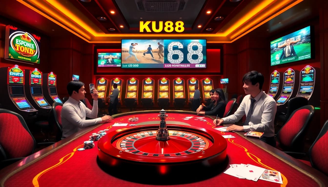 Players enjoying online gambling at https://ku88m.com/ with vibrant casino elements and thrilling gaming atmosphere.