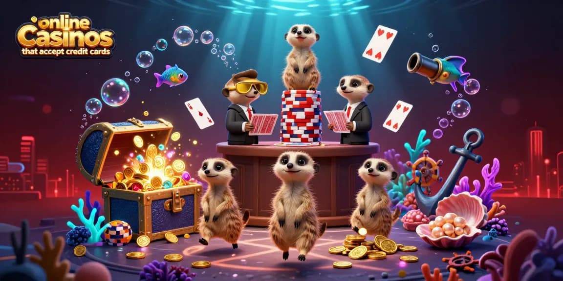 Experience the vibrant world of online casinos that accept credit cards, featuring playful meerkats in an imaginative casino scene.
