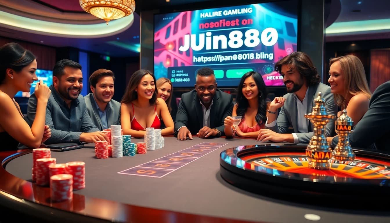 Experience thrilling action at https://jun88pl.com/ with a vibrant casino game scene featuring poker chips and enthusiastic players.