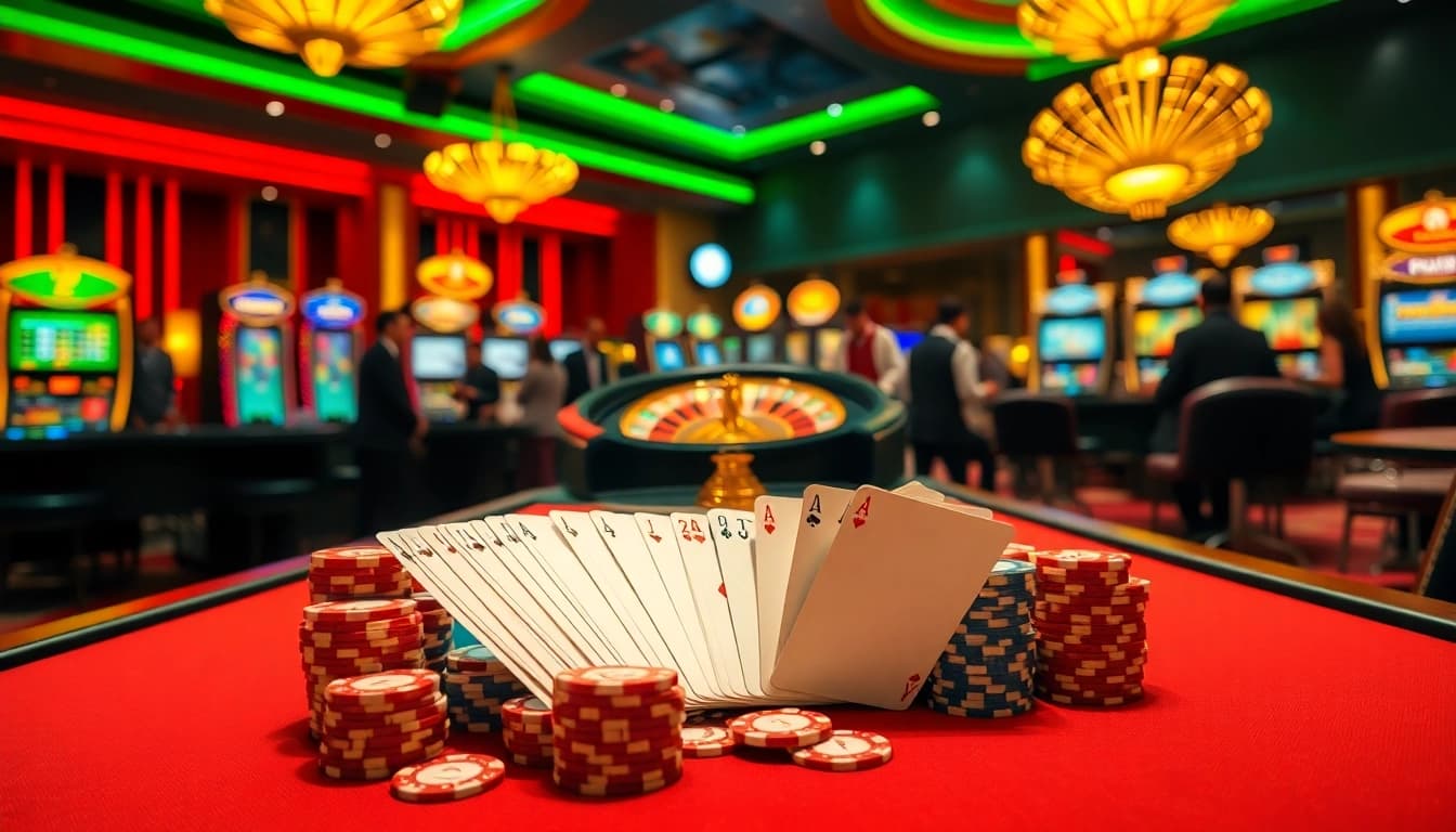 Experience thrilling gameplay at Tập đoàn okwin with vibrant casino games, chips, and roulette.