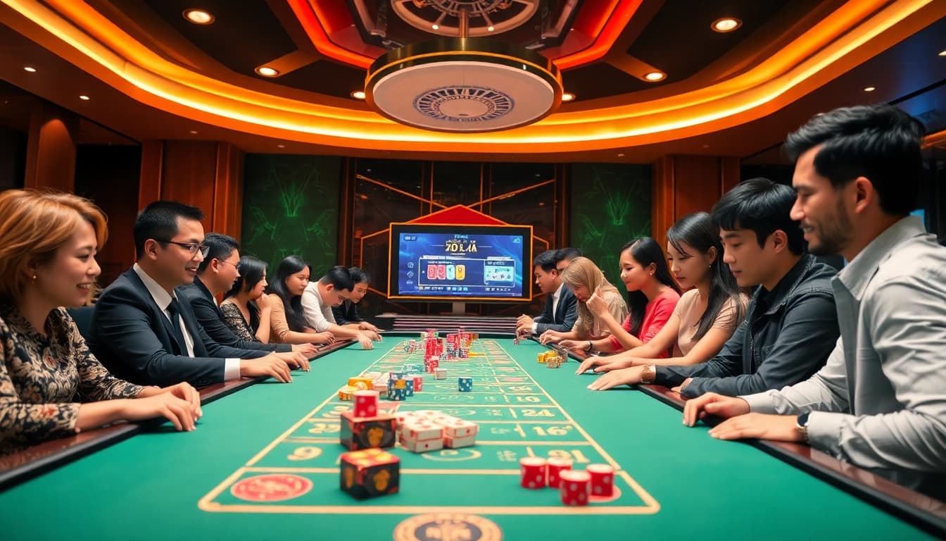 Xóc đĩa phiên bản mới depicted in a luxurious casino scene filled with excitement and rich colors.