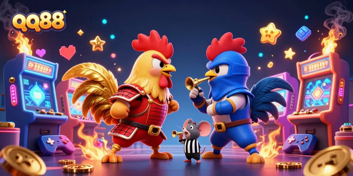Experience thrilling cockfights at qq88 with vibrant animated roosters competing fiercely.