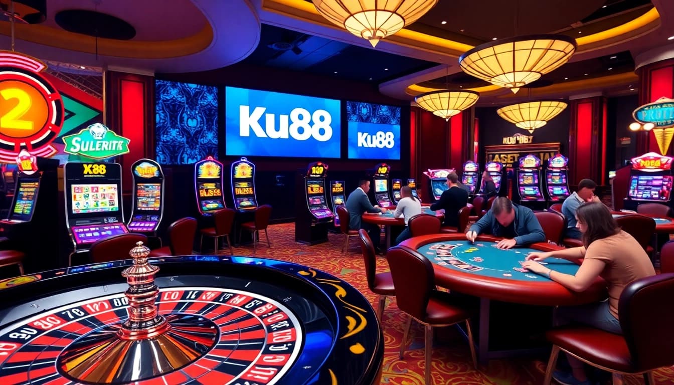 Experience high-stakes gaming action at Ku88 casino, where players enjoy vibrant slot machines and poker tables.