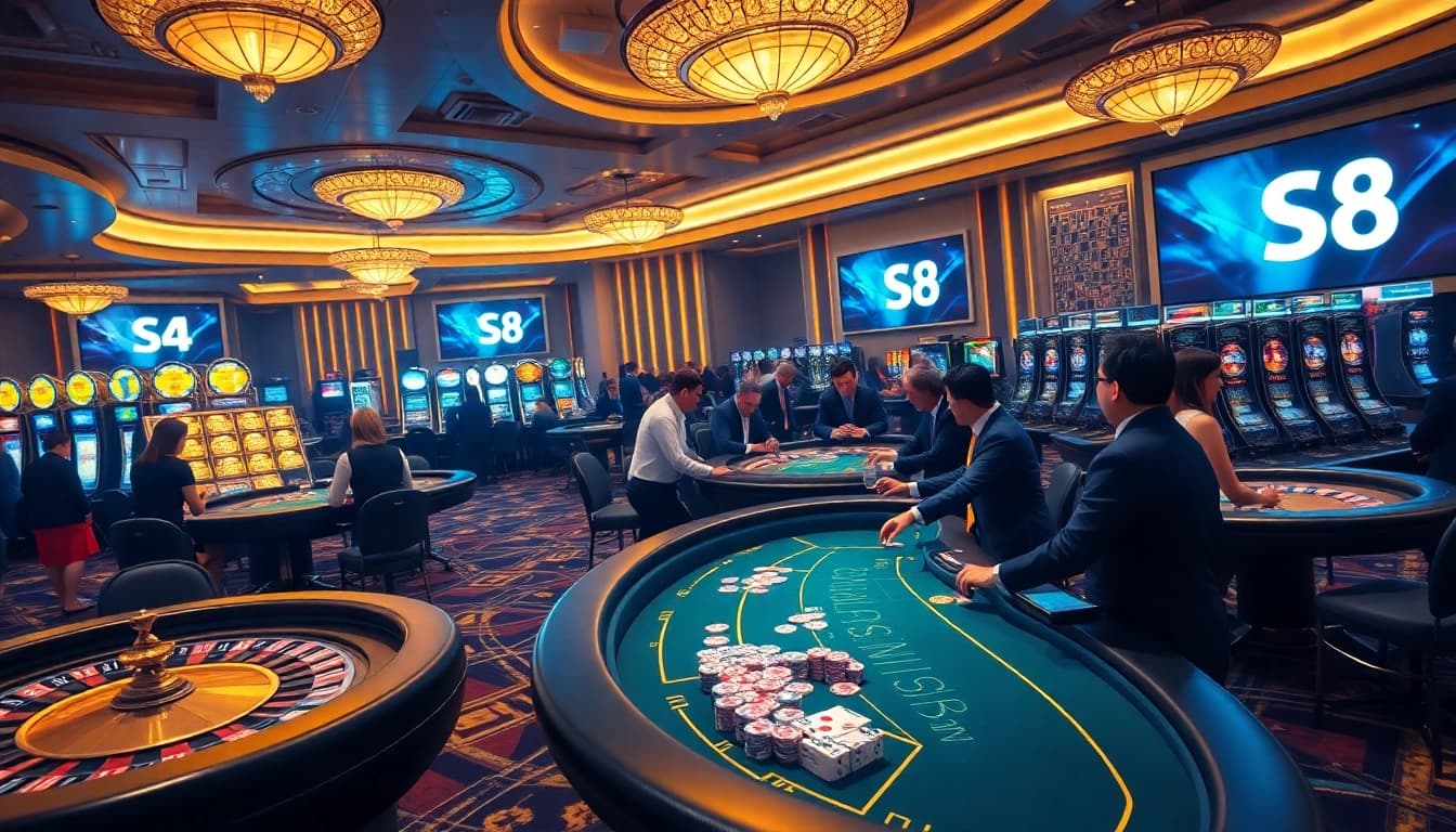 S8 casino's luxurious gaming environment, showcasing players at poker tables and vibrant slot machines.