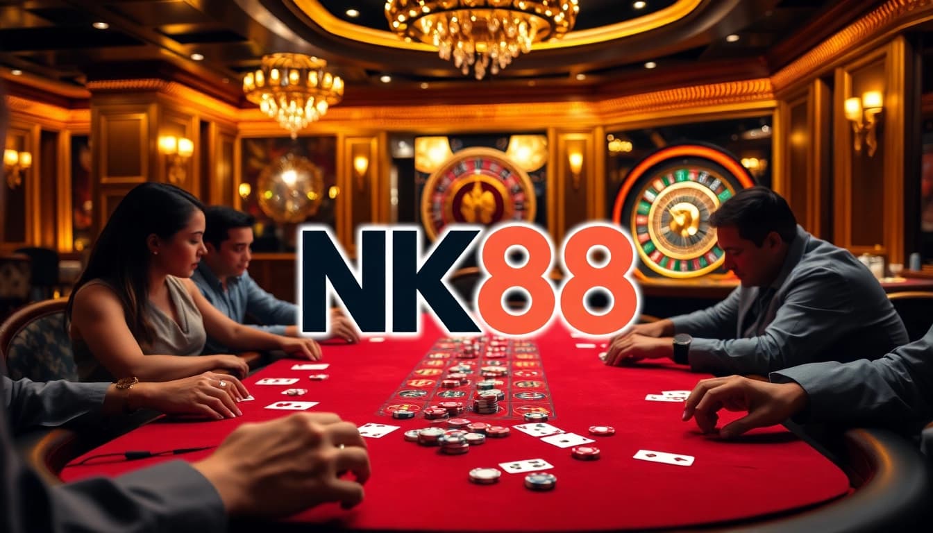 Experience vibrant gambling action at NK88 casino with players engaged at a poker table.