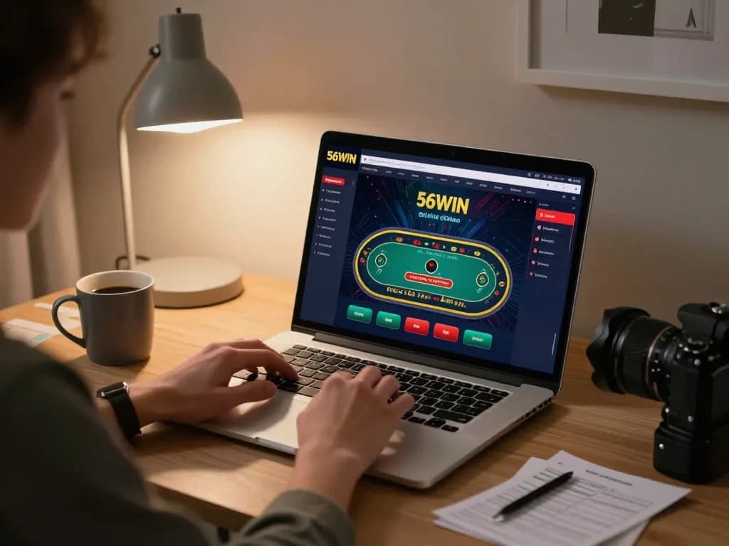 Enjoying exciting gameplay at 56WIN online casino on a laptop in a cozy home setup.