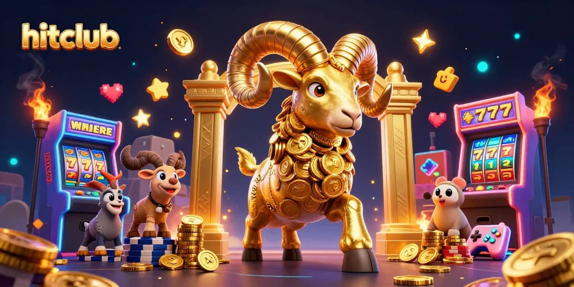 Hitclub showcases an epic golden ram charging through a casino scene filled with vibrant games and jackpots.