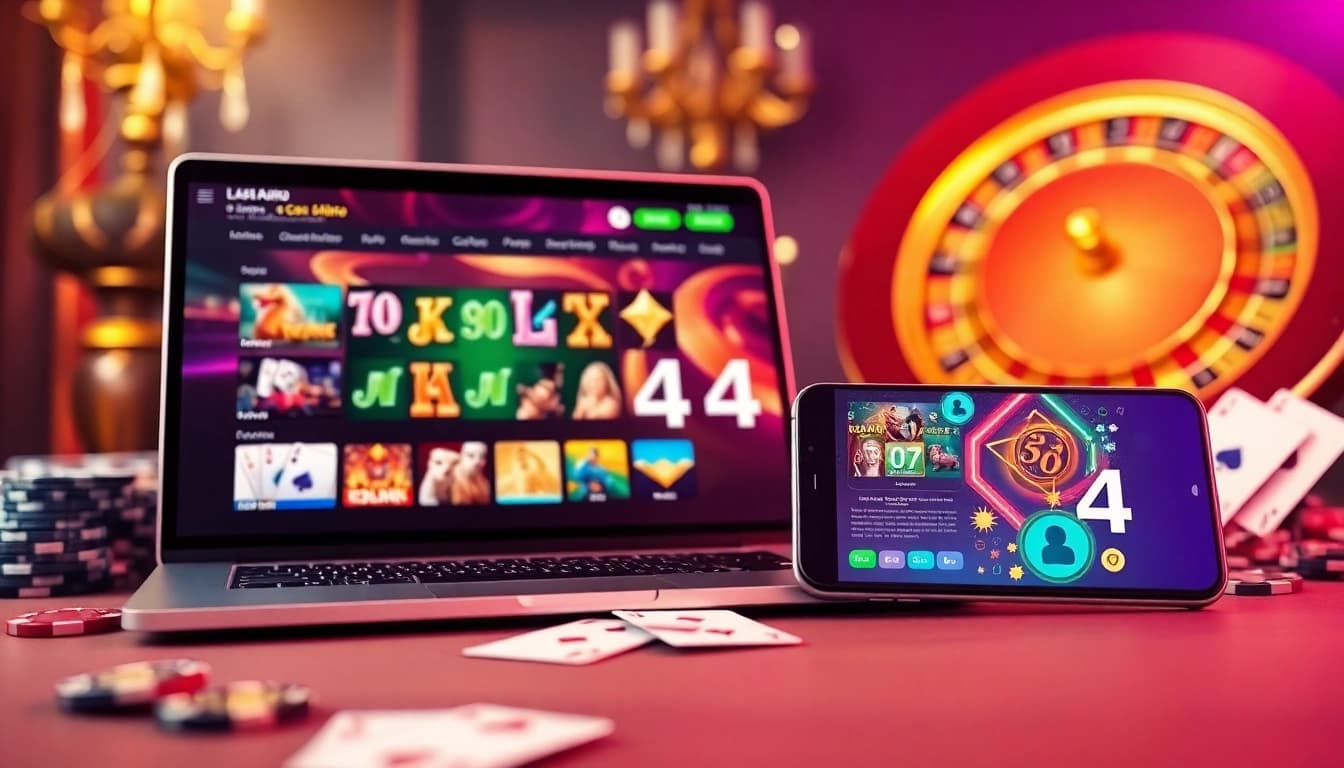 L444 offers a professional online gaming experience with vibrant casino visuals, including poker chips and slot games.