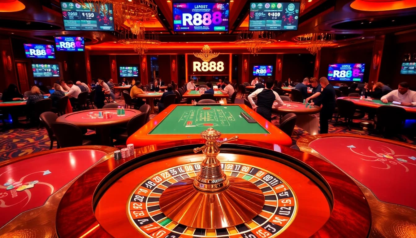Players enjoying casino games at RR88 with vibrant roulette and poker tables.