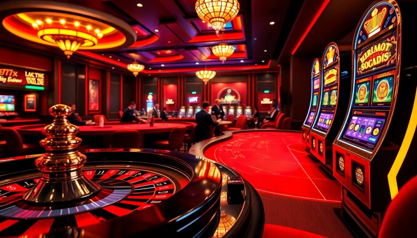 Experience excitement at 777X with a vibrant casino scene showcasing roulette, poker tables, and slot machines.
