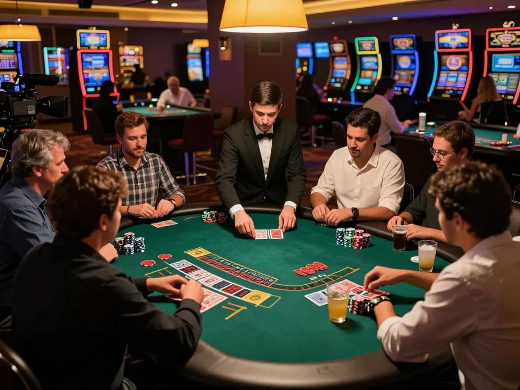 Players placing strategic bets at a blackjack table in a vibrant casino, with B52 chips stacked ready for action.
