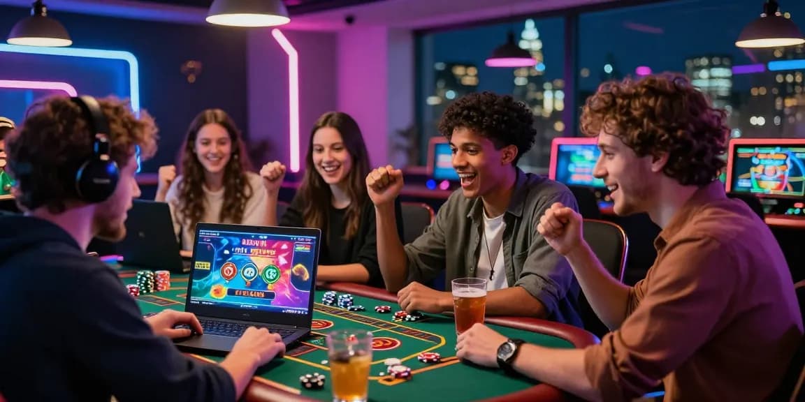 Excited players enjoying non UK casinos for UK players with vibrant gaming atmosphere.