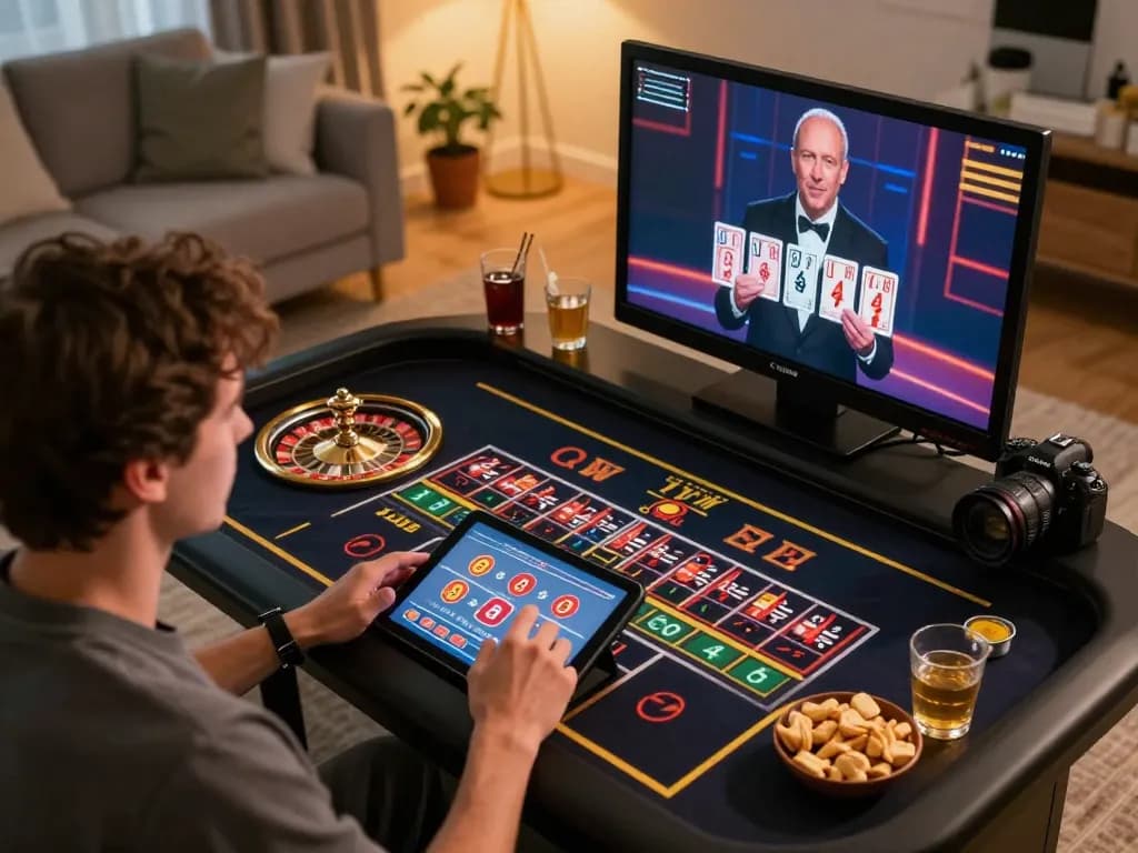 VIPWIN player engaged in a thrilling online roulette game on tablet in a cozy living room setting.