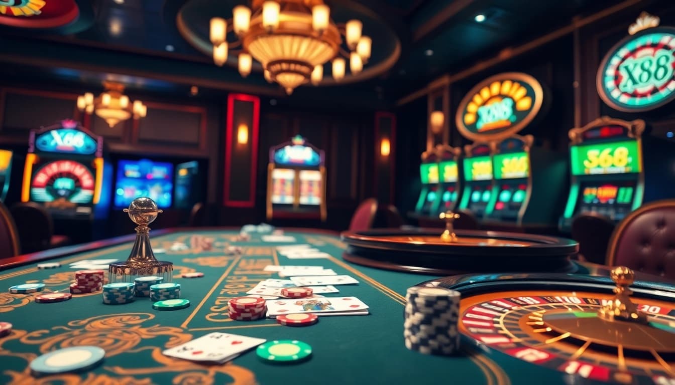 X88 players experiencing excitement at a luxurious casino table with poker chips and cards.