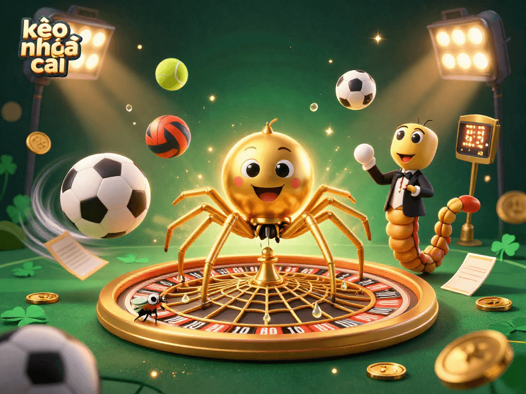 Place your bets with kèo nhà cái in a vibrant 3D casino scene featuring a golden roulette wheel and dynamic sports balls.