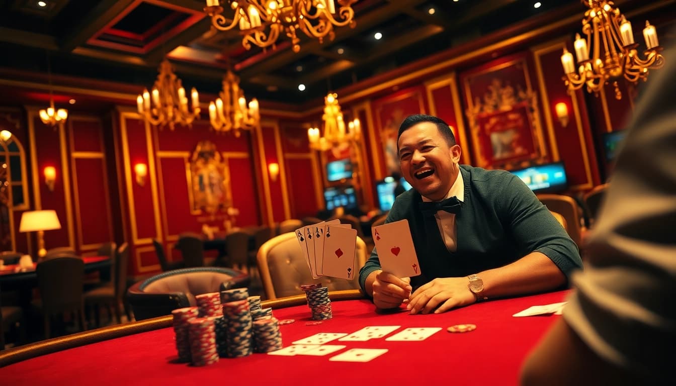 A vibrant casino scene of bóng đá lương sơn poker gameplay, featuring elegant decor and excited players.