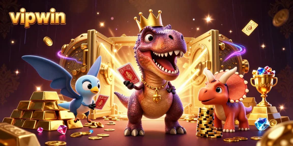 Experience thrilling wins at vipwin with a vibrant scene of a friendly T-Rex shuffling cards!