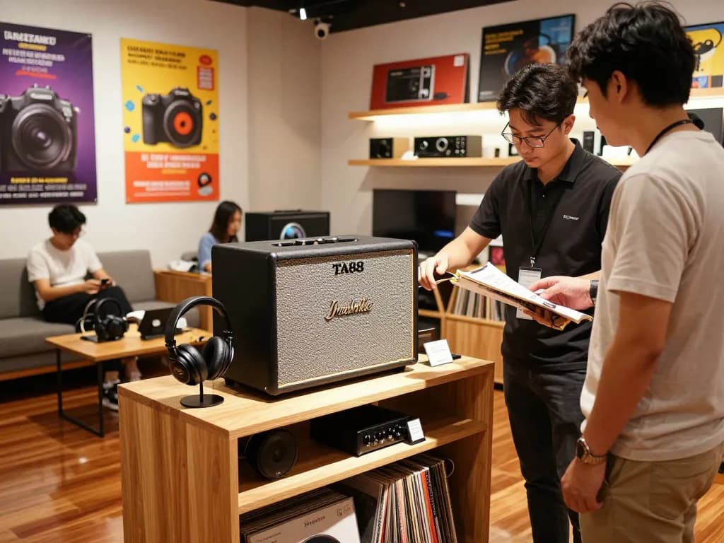 TA88 amplifier showcased in retail store, customer engaging with associate, vibrant audio shopping experience.