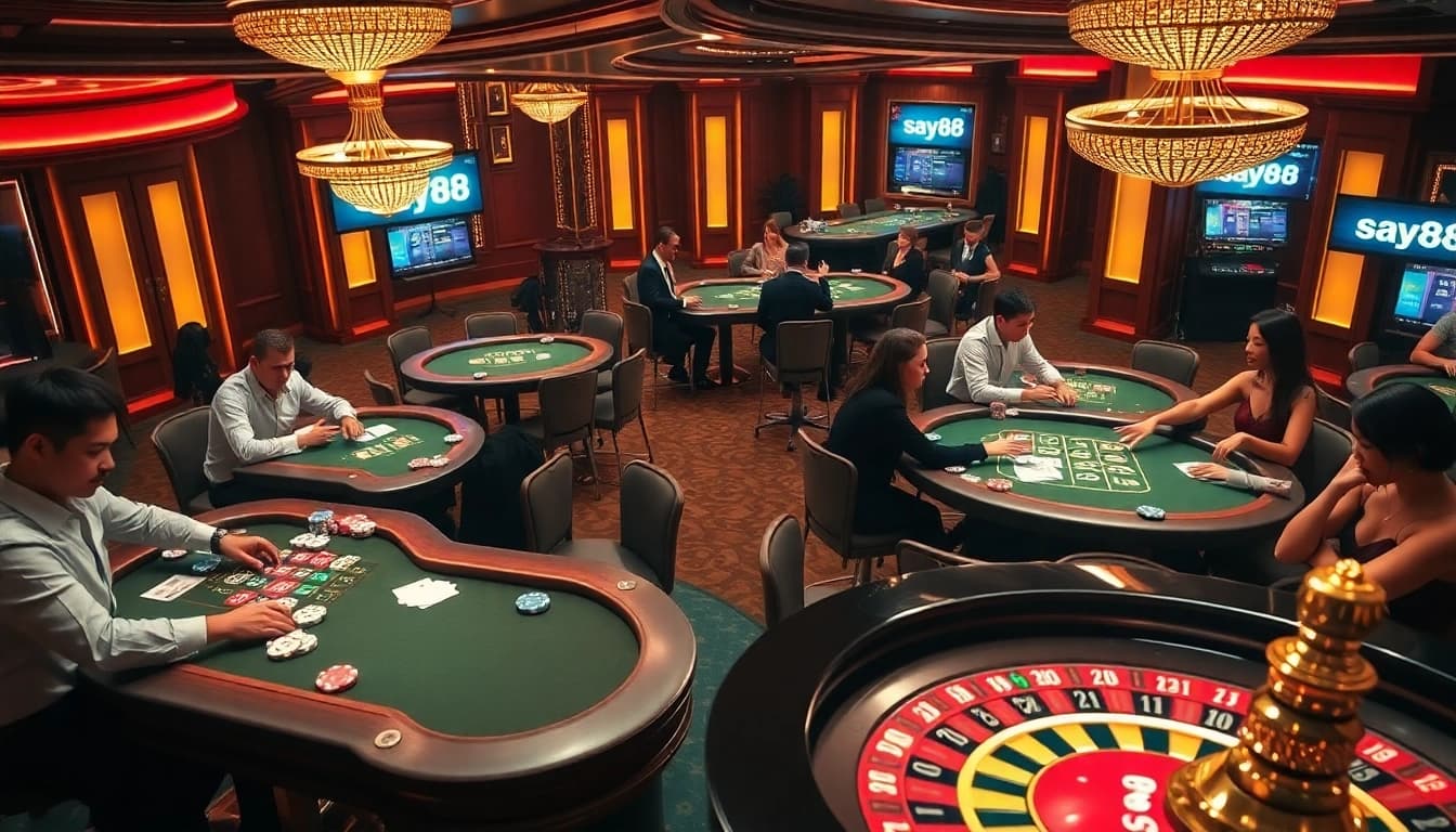 Players experiencing the excitement of gaming at say88 casino tables with vibrant atmosphere.
