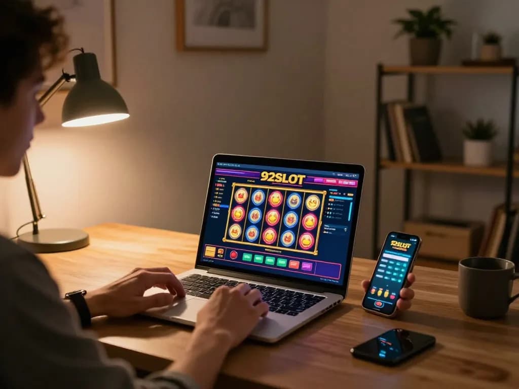 Engaging gameplay on 92SLOT online casino platform with vibrant slot reels spinning.
