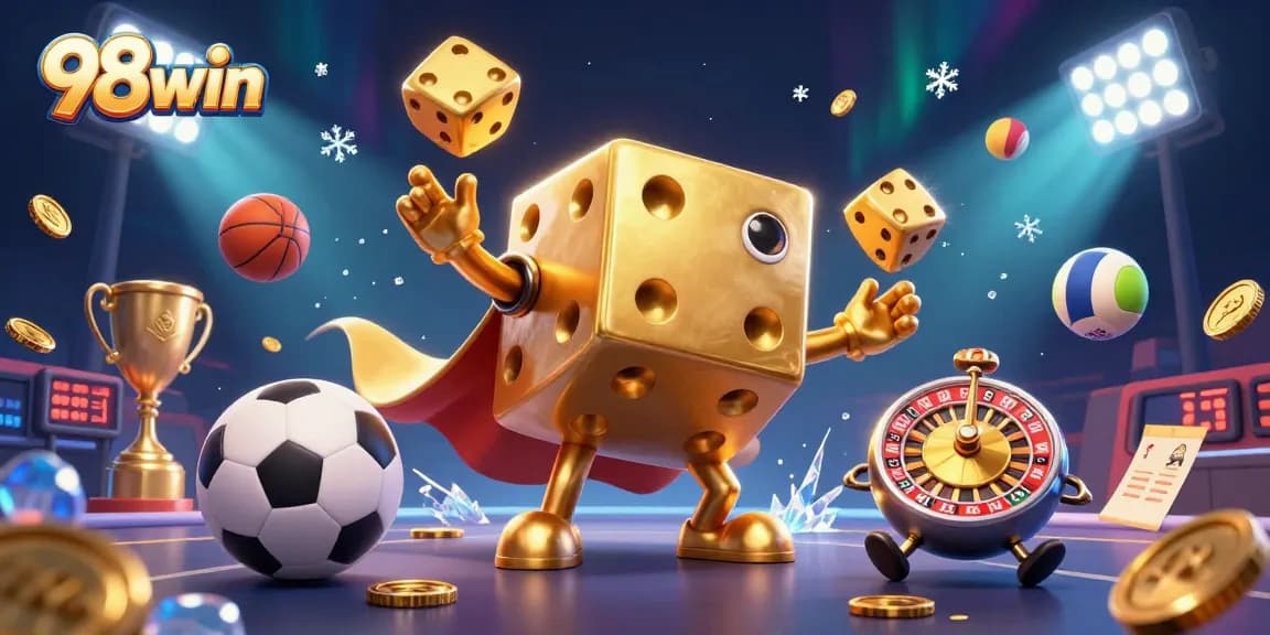 98win showcases a vibrant 3D illustration featuring dynamic betting elements and characters.
