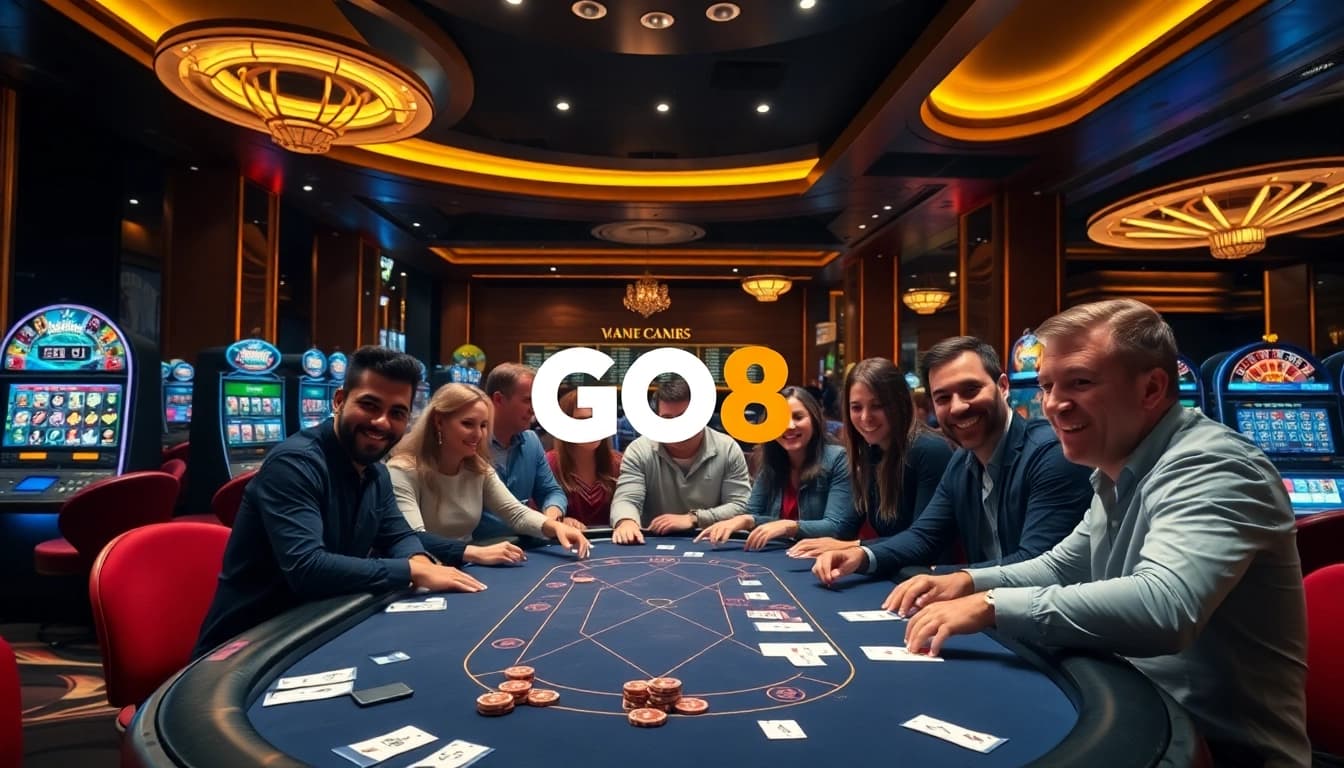 Players enjoying a high-stakes game at a GO8 casino table, surrounded by vibrant slot machines.