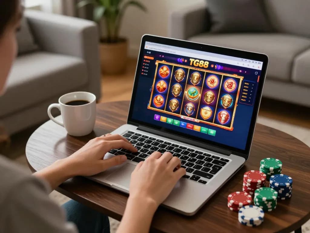 Player using TG88 online casino interface on a laptop, showcasing engaging slot game.