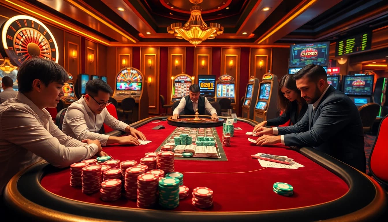 Engaged players at the poker table in a luxurious casino ambiance showcasing https://pub88.in.net/ gaming excitement.