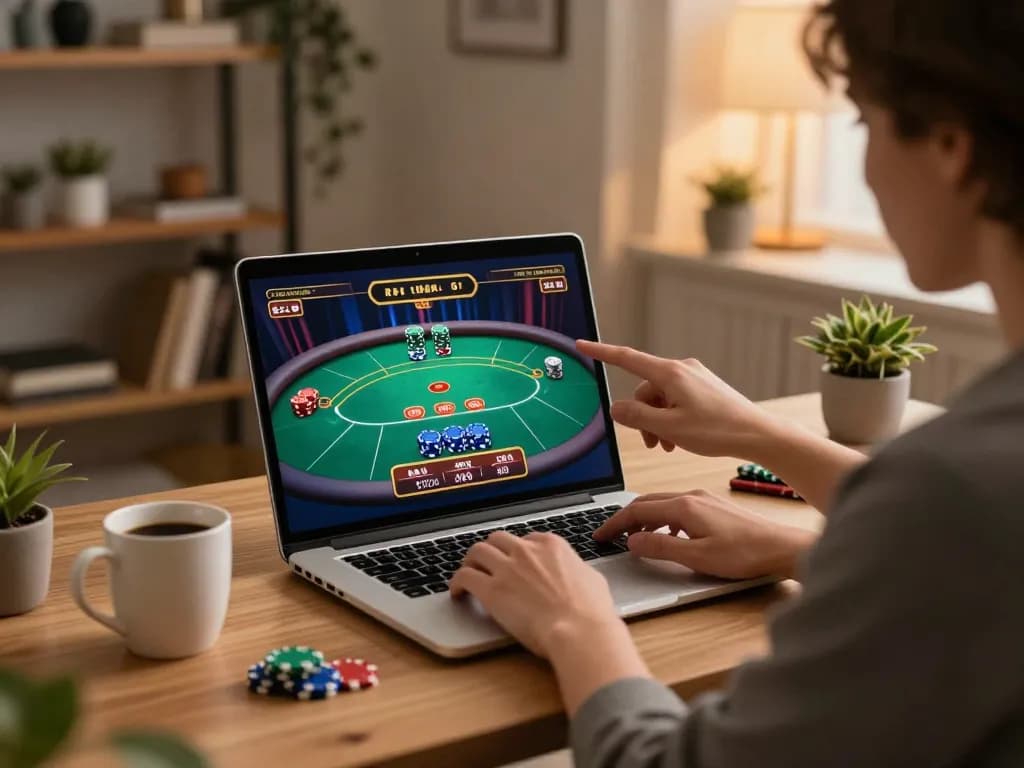 Player engaging with OKFUN online casino through laptop, showcasing immersive gaming experience.