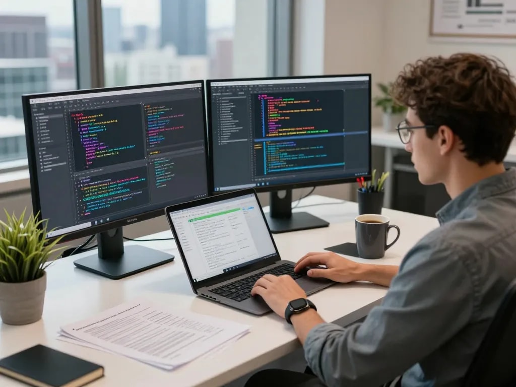 MoltBot AI developer workspace with dual monitors showcasing code, coffee, and design notes in an innovative setting.