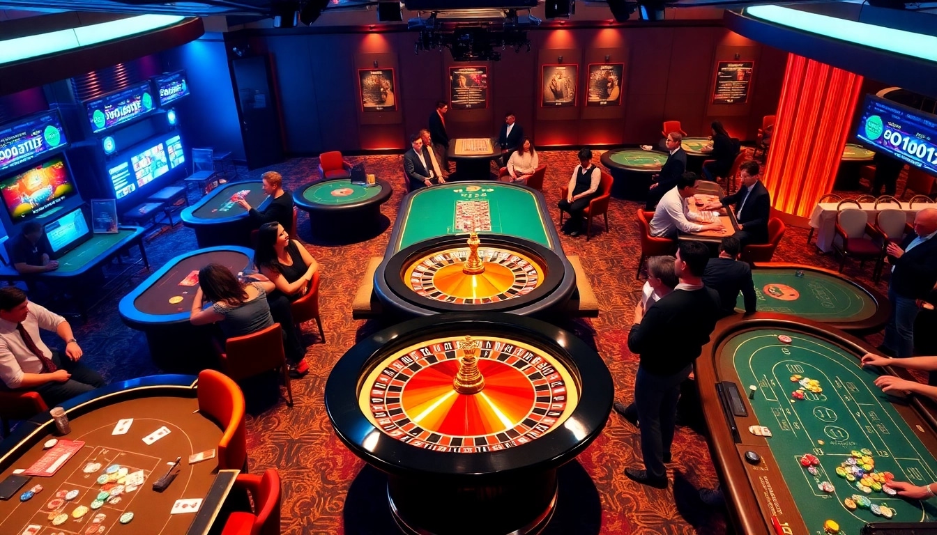 QQ88 players engaging in an exciting casino game atmosphere with vibrant roulette and poker tables.