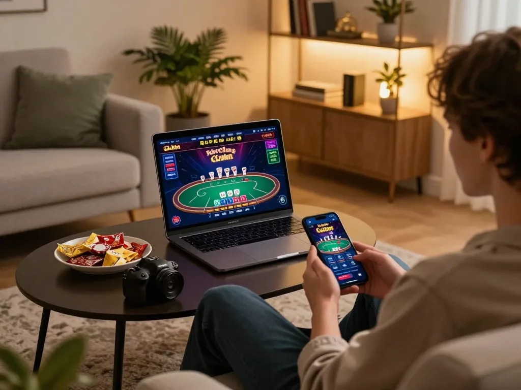 Engaging gameplay on hitclub casino app with a cozy home setting and strategic atmosphere