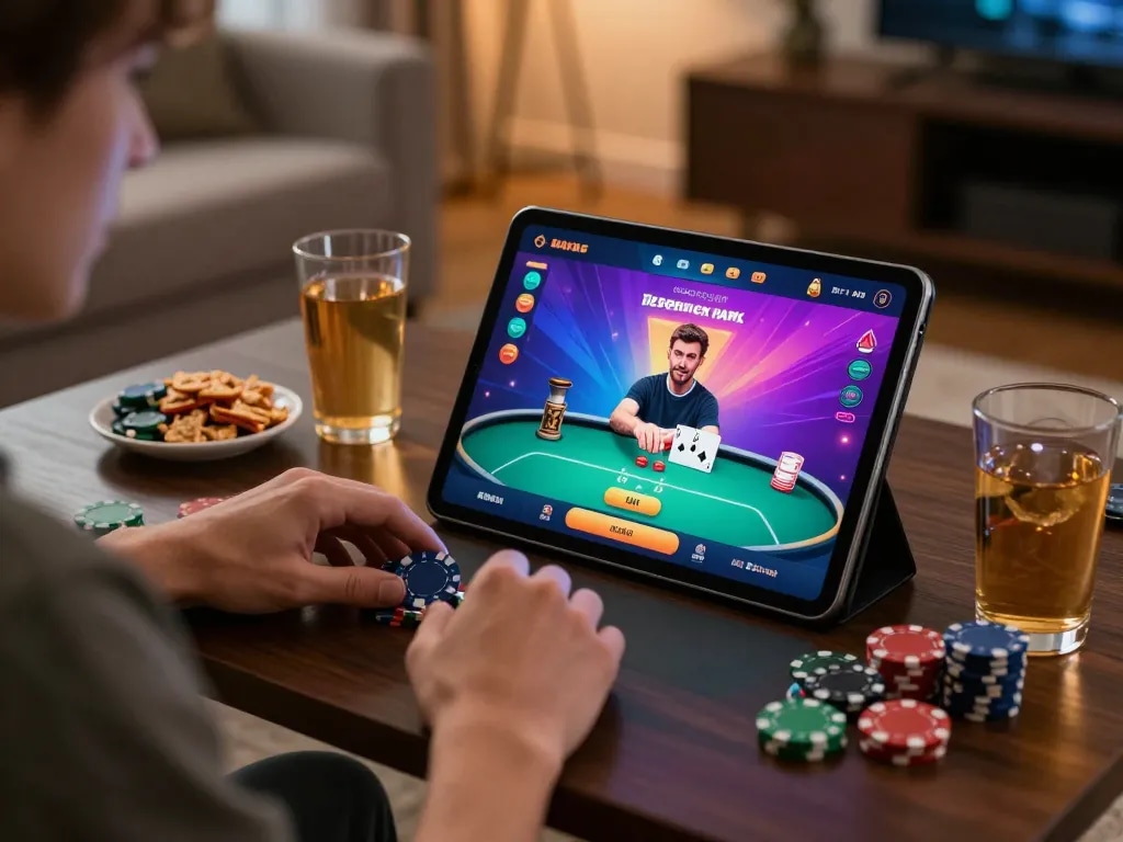 Engaging online gaming session at home with okking nhà cái poker app, emphasizing strategy and enjoyment