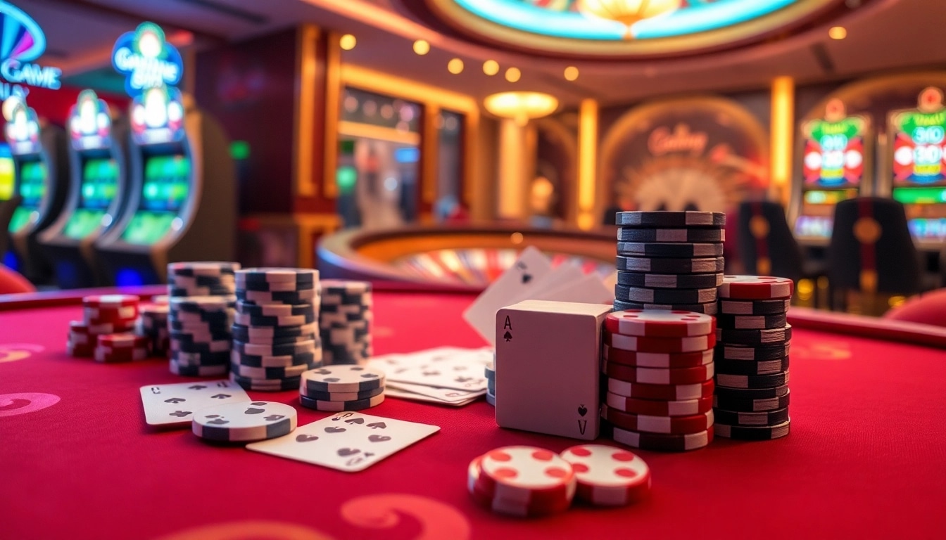 Experience thrilling gameplay at 68 Game Bài with vibrant casino tables, high-stacked poker chips, and exciting gaming action.