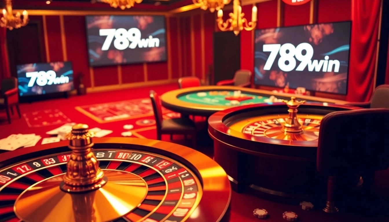 Experience the thrill of 789win at a luxury casino with poker chips and a roulette wheel.